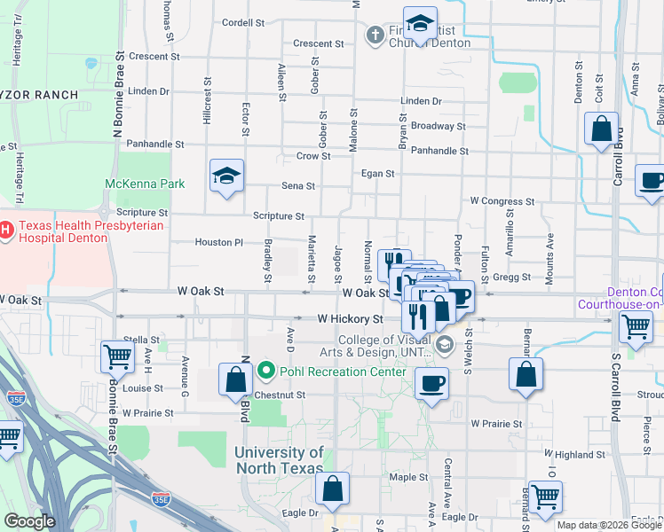 map of restaurants, bars, coffee shops, grocery stores, and more near 316 Jagoe Street in Denton