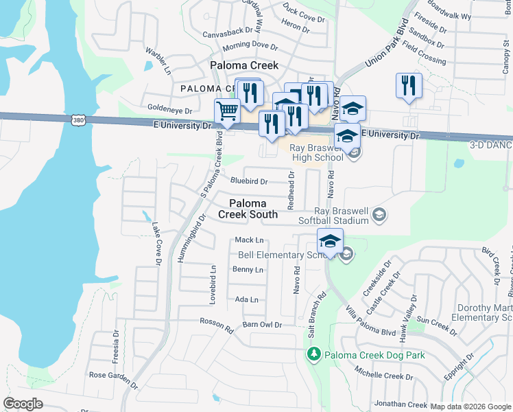 map of restaurants, bars, coffee shops, grocery stores, and more near 1621 Nighthawk Drive in Little Elm