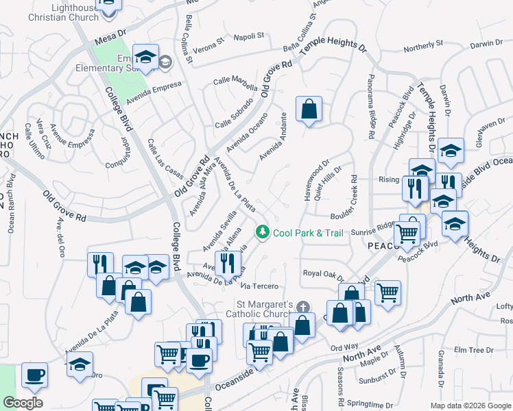 map of restaurants, bars, coffee shops, grocery stores, and more near 1736 Corte Ventana in Oceanside