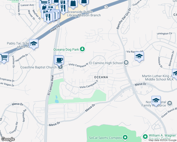 map of restaurants, bars, coffee shops, grocery stores, and more near 3755 Vista Campana North in Oceanside