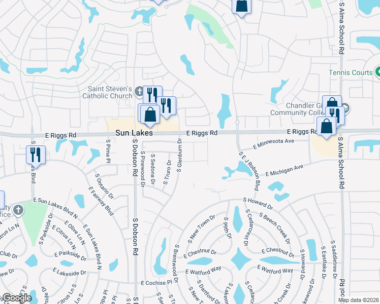 map of restaurants, bars, coffee shops, grocery stores, and more near 25240 South Mohawk Drive in Sun Lakes