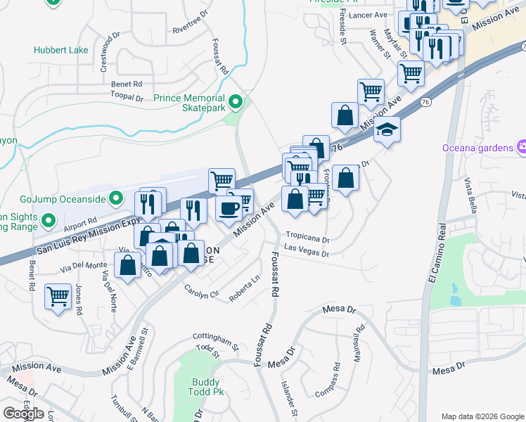 map of restaurants, bars, coffee shops, grocery stores, and more near Mission Avenue & Foussat Road in Oceanside