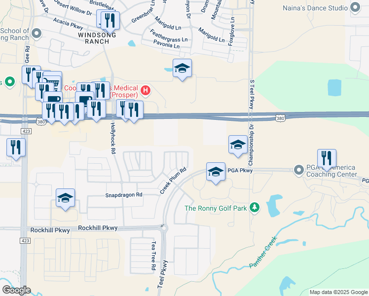 map of restaurants, bars, coffee shops, grocery stores, and more near Hawkins Lane in Frisco