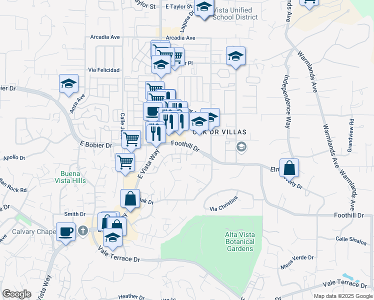 map of restaurants, bars, coffee shops, grocery stores, and more near 1210 Delpy View Point in Vista