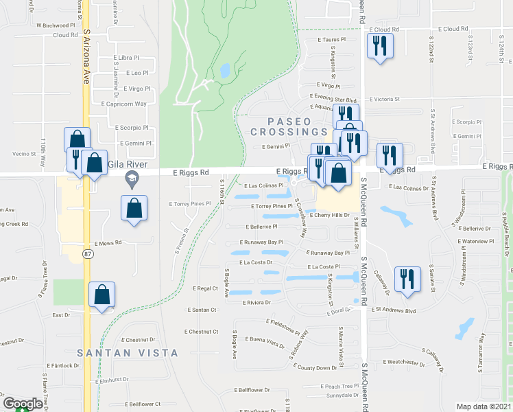 map of restaurants, bars, coffee shops, grocery stores, and more near 756 E Torrey Pines in Chandler