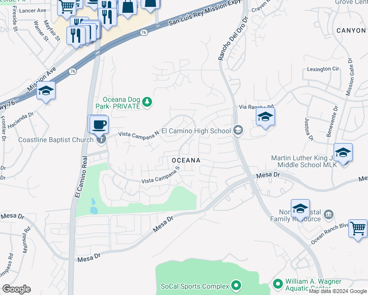 map of restaurants, bars, coffee shops, grocery stores, and more near 3875 Vista Campana North in Oceanside