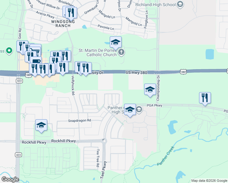 map of restaurants, bars, coffee shops, grocery stores, and more near Hawkins Lane in Frisco