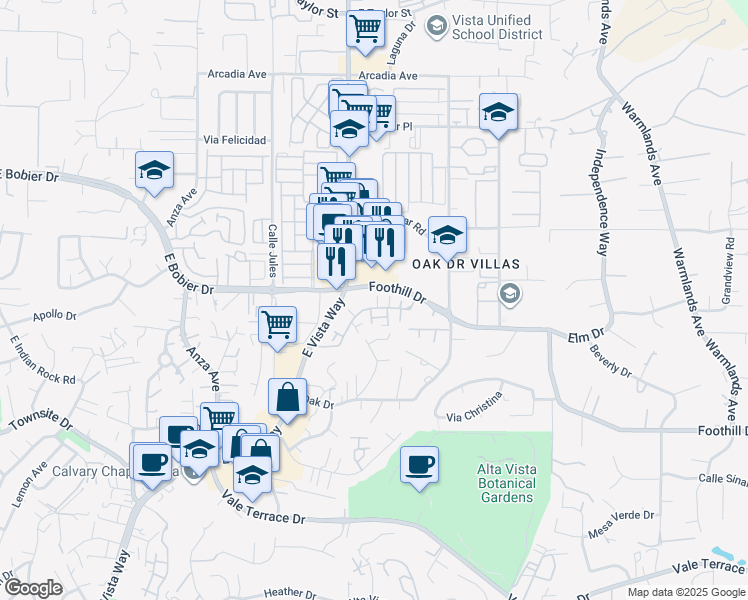map of restaurants, bars, coffee shops, grocery stores, and more near 1138 Delpy View Point in Vista