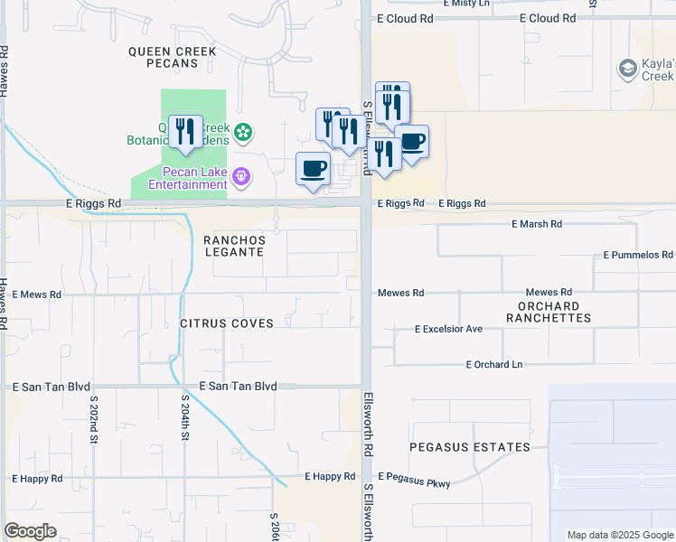 map of restaurants, bars, coffee shops, grocery stores, and more near South 207th Street in Queen Creek