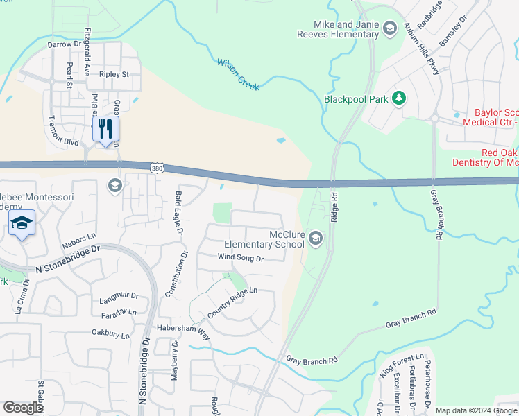 map of restaurants, bars, coffee shops, grocery stores, and more near 6408 Canyon Crest Drive in McKinney