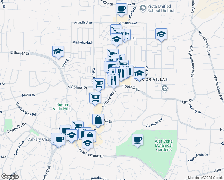 map of restaurants, bars, coffee shops, grocery stores, and more near in Vista