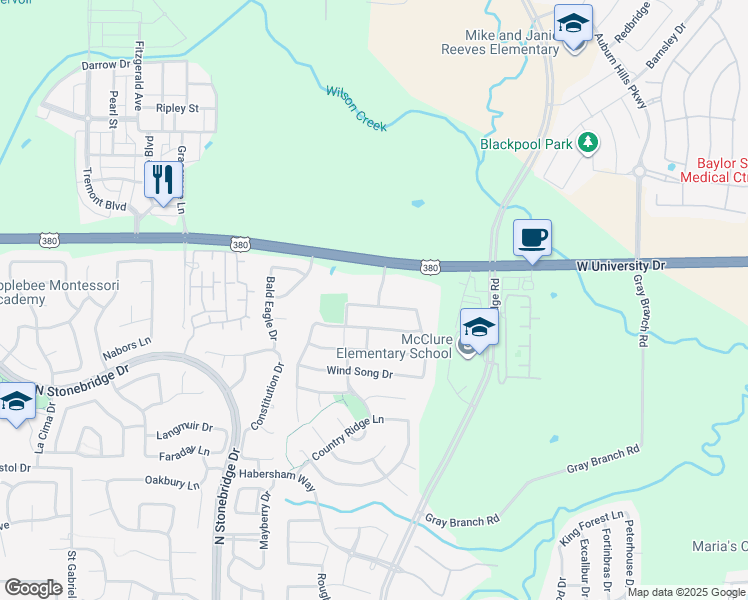 map of restaurants, bars, coffee shops, grocery stores, and more near 6551 West University Drive in McKinney