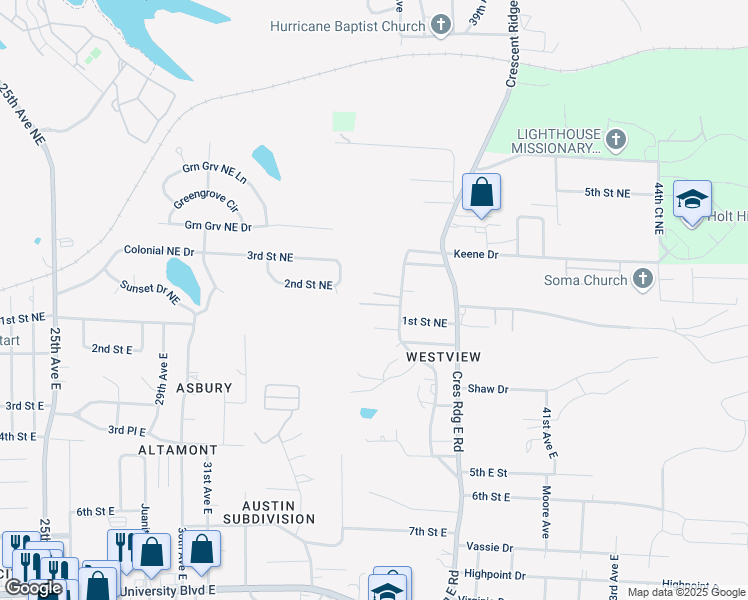 map of restaurants, bars, coffee shops, grocery stores, and more near 420 Crescent Lane in Tuscaloosa