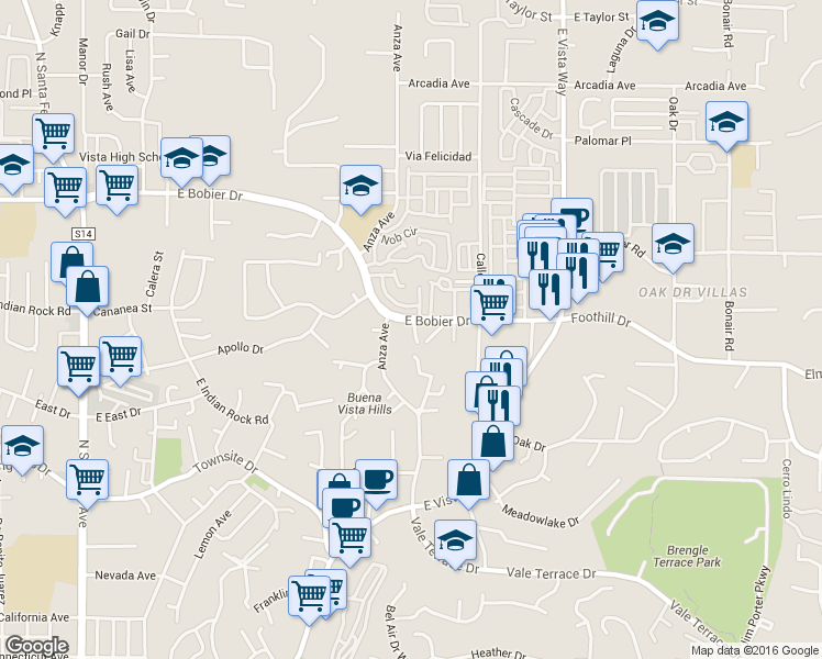 map of restaurants, bars, coffee shops, grocery stores, and more near 760 East Bobier Drive in Vista