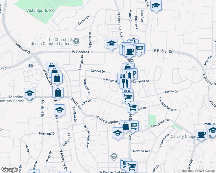 map of restaurants, bars, coffee shops, grocery stores, and more near 158 West Indian Rock Road in Vista
