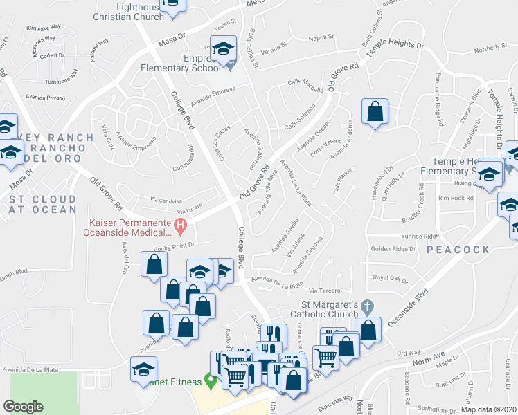 map of restaurants, bars, coffee shops, grocery stores, and more near 1784 Corta Cresta in Oceanside