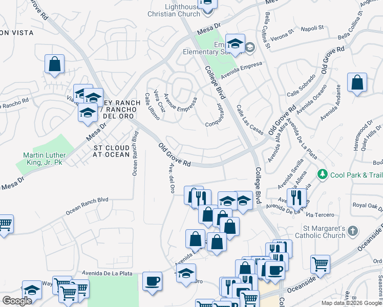 map of restaurants, bars, coffee shops, grocery stores, and more near 1210 Via Candelas in Oceanside