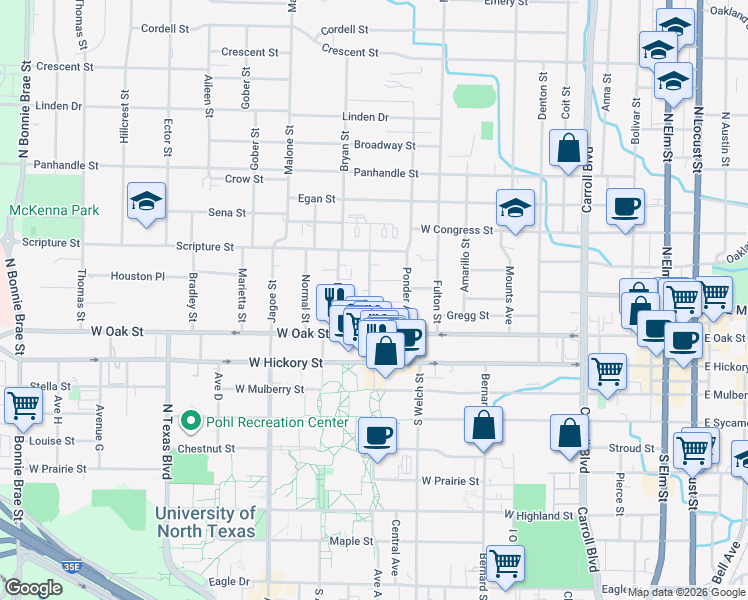 map of restaurants, bars, coffee shops, grocery stores, and more near 406 Fry Street in Denton