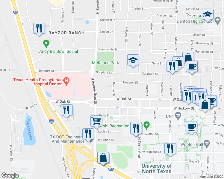 map of restaurants, bars, coffee shops, grocery stores, and more near 2310 Houston Place in Denton