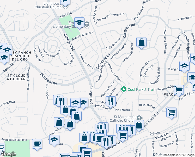 map of restaurants, bars, coffee shops, grocery stores, and more near 1784 Corta Cresta in Oceanside