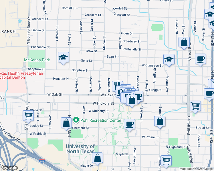 map of restaurants, bars, coffee shops, grocery stores, and more near 307 Normal Street in Denton