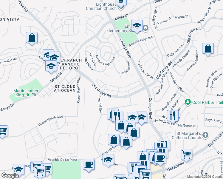 map of restaurants, bars, coffee shops, grocery stores, and more near 1210 Via Candelas in Oceanside
