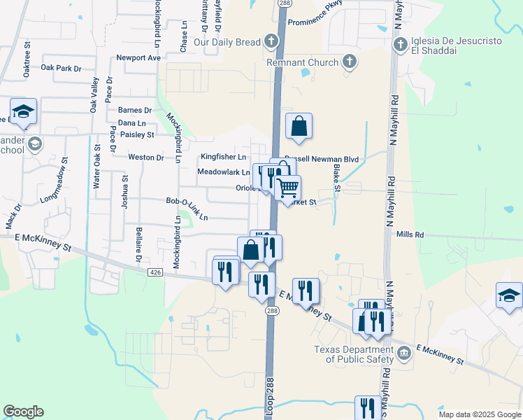map of restaurants, bars, coffee shops, grocery stores, and more near 307 North Loop 288 in Denton