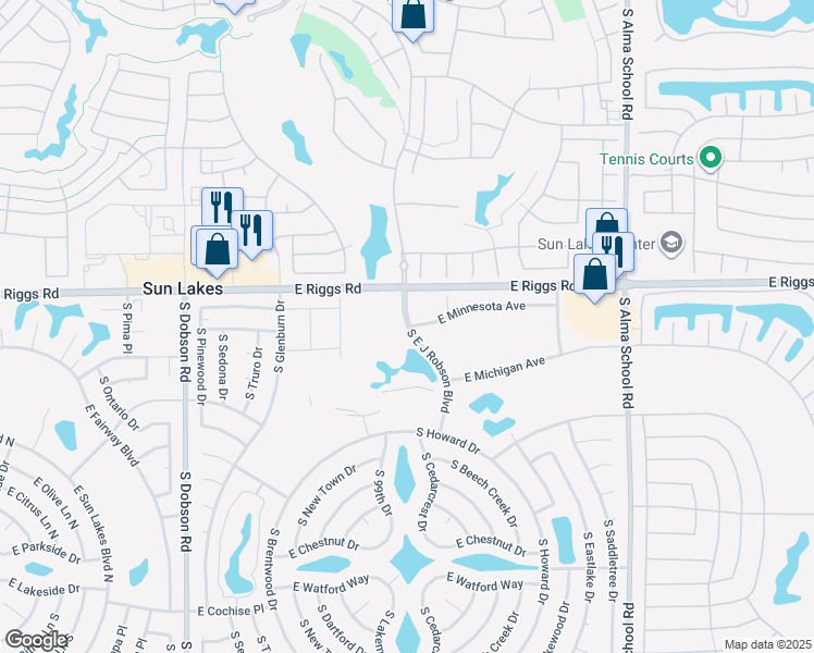 map of restaurants, bars, coffee shops, grocery stores, and more near 25498 South East J Robson Boulevard in Sun Lakes