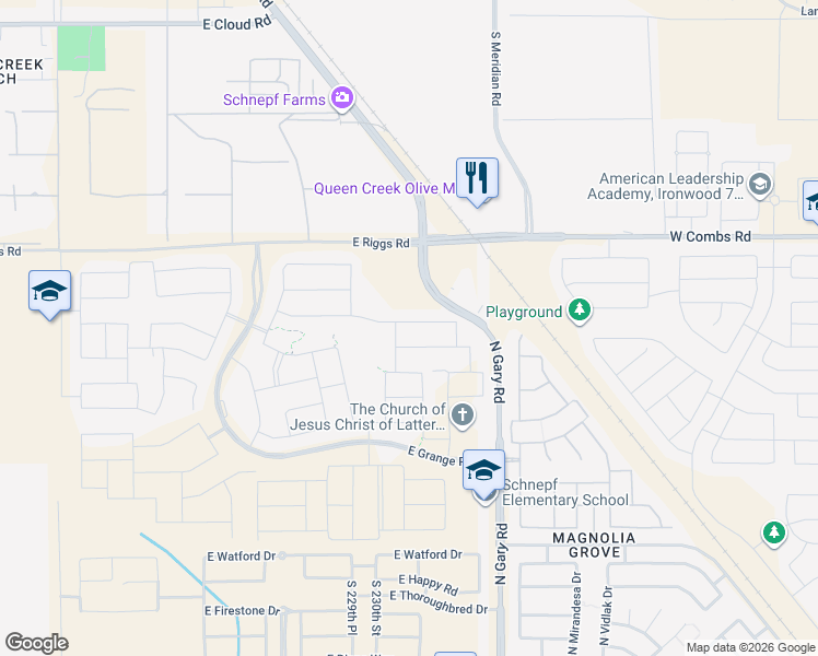 map of restaurants, bars, coffee shops, grocery stores, and more near 25802 South Meridian Road in Queen Creek