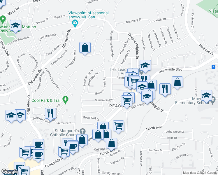 map of restaurants, bars, coffee shops, grocery stores, and more near 1639 Peacock Boulevard in Oceanside
