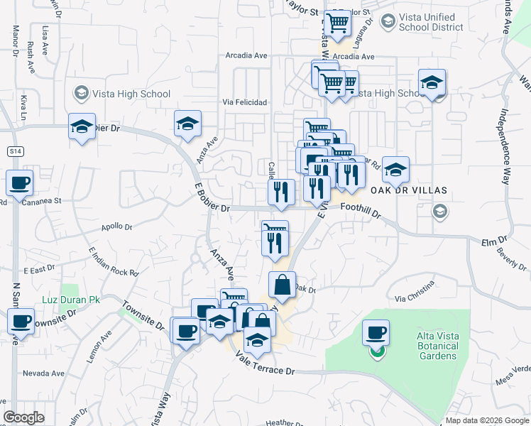 map of restaurants, bars, coffee shops, grocery stores, and more near 1260 Calle Jules in Vista