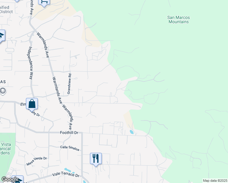 map of restaurants, bars, coffee shops, grocery stores, and more near 2034 Alessandro Trail in Vista