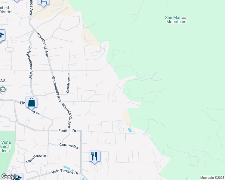 map of restaurants, bars, coffee shops, grocery stores, and more near 2034 Alessandro Trail in Vista