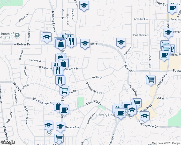 map of restaurants, bars, coffee shops, grocery stores, and more near 329 Nicole Drive in Vista