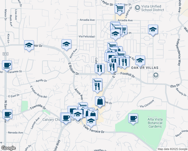 map of restaurants, bars, coffee shops, grocery stores, and more near 1300 Calle Jules in Vista