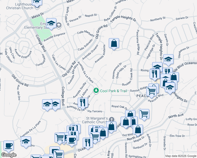 map of restaurants, bars, coffee shops, grocery stores, and more near 1751 Calle Platico in Oceanside