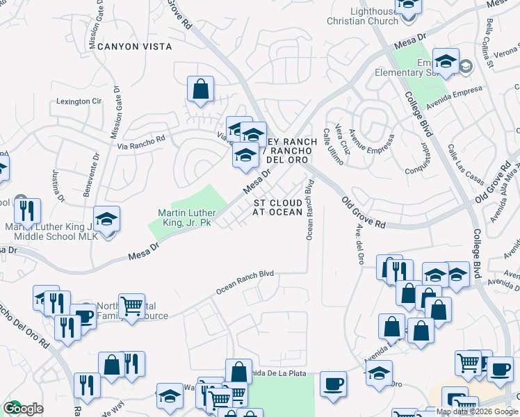 map of restaurants, bars, coffee shops, grocery stores, and more near 4327 Pacifica Way in Oceanside