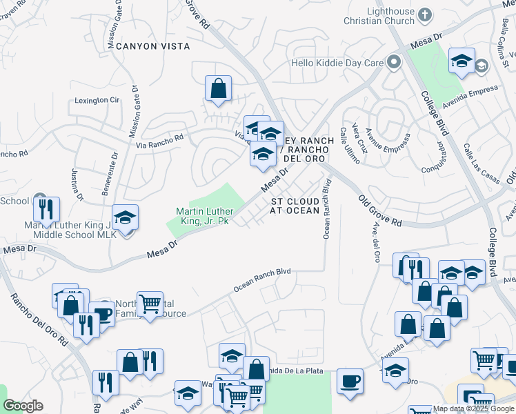 map of restaurants, bars, coffee shops, grocery stores, and more near 5508 Pacifica Way in Oceanside
