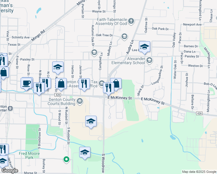 map of restaurants, bars, coffee shops, grocery stores, and more near 410 Audra Lane in Denton
