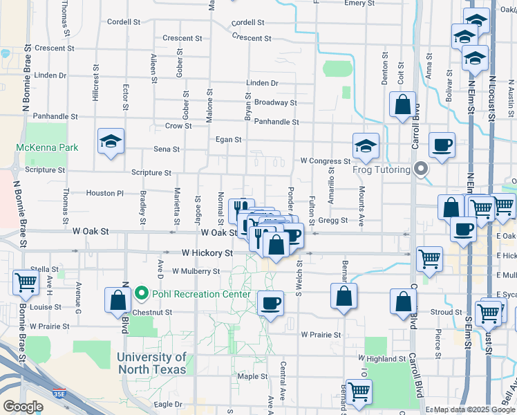 map of restaurants, bars, coffee shops, grocery stores, and more near 410 Bryan Street in Denton