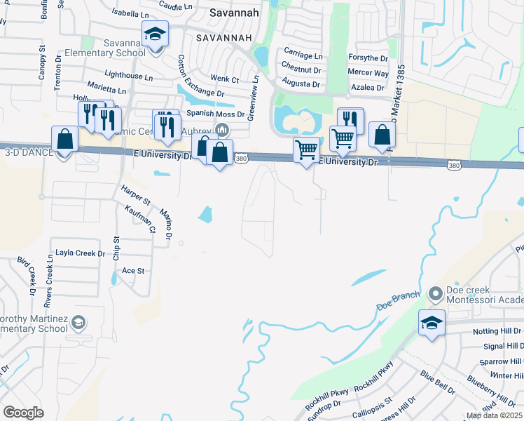map of restaurants, bars, coffee shops, grocery stores, and more near 27040 U.S. 380 in Aubrey