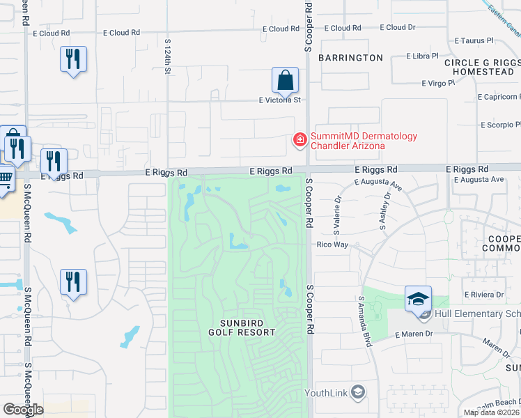 map of restaurants, bars, coffee shops, grocery stores, and more near 6153 South Cypress Point Drive in Chandler