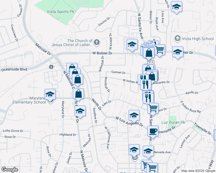 map of restaurants, bars, coffee shops, grocery stores, and more near 1183 Woodrail Drive in Vista