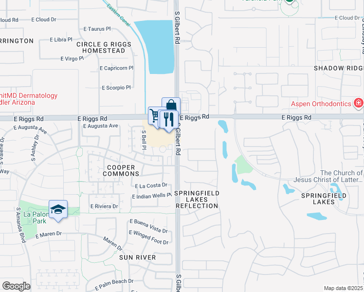 map of restaurants, bars, coffee shops, grocery stores, and more near 3010 East Cherry Hills Place in Chandler