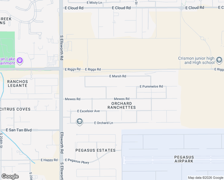 map of restaurants, bars, coffee shops, grocery stores, and more near 21118 East Pummelos Road in Queen Creek