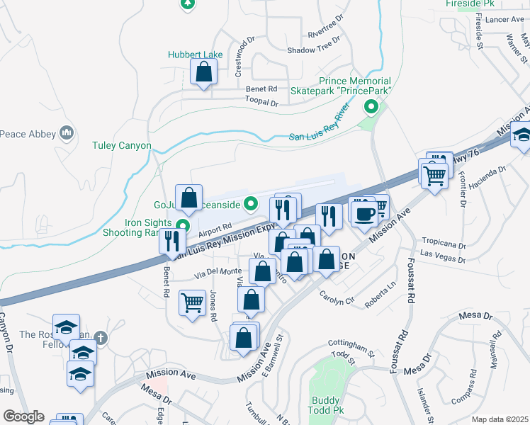 map of restaurants, bars, coffee shops, grocery stores, and more near 480 Airport Road in Oceanside