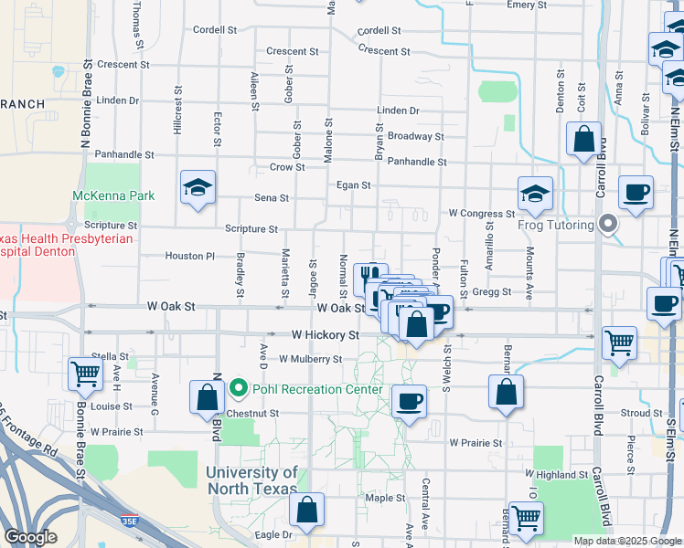 map of restaurants, bars, coffee shops, grocery stores, and more near 309 Normal Street in Denton