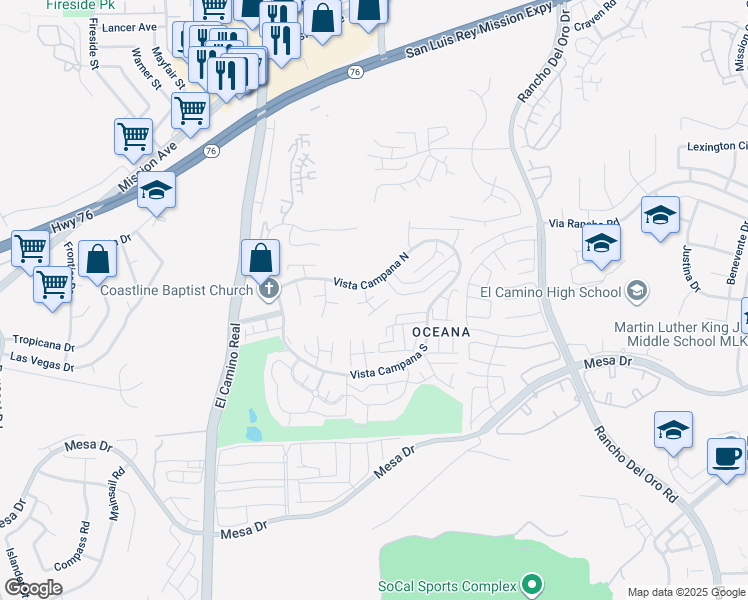 map of restaurants, bars, coffee shops, grocery stores, and more near 3755 Vista Campana South in Oceanside