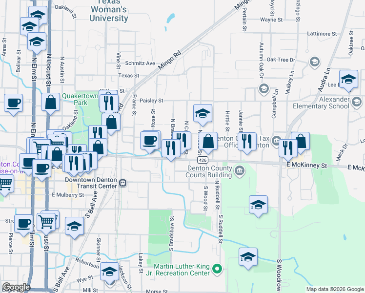 map of restaurants, bars, coffee shops, grocery stores, and more near 323 North Crawford Street in Denton