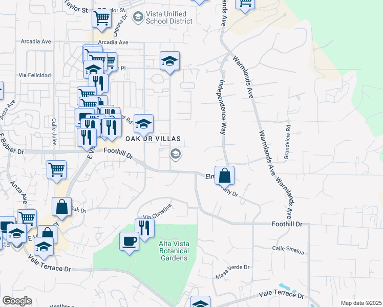 map of restaurants, bars, coffee shops, grocery stores, and more near 1349 Bonair Road in Vista